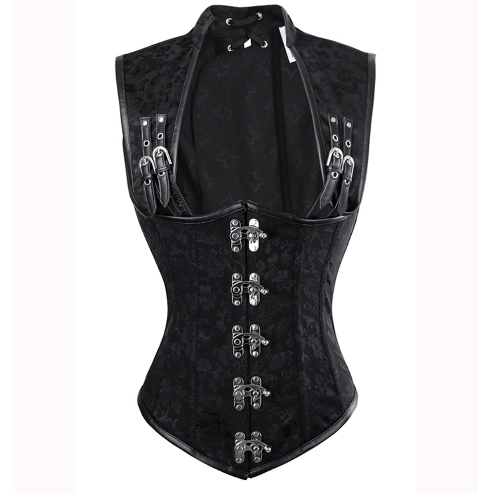 Black Brocade Underbust Corset Vest with High Collar